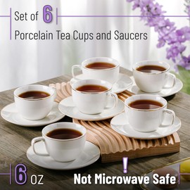 BTaT- Tea Cups and Saucers with Gold Trim, Set of 6, 6oz, White Porcelain Tea Cups