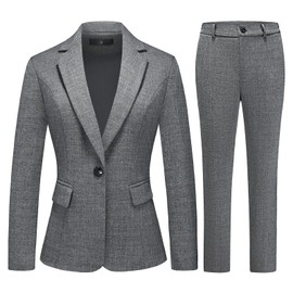 Lamgool Women's 2 Piece Plaid Suit Set Business Office Notch Lapel One Button Blazer Pant Suit for Work(Grey Plaid- B,L)