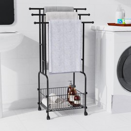 42" H Standing Towel Rack for Spacious Bathroom, Large Towel Stand with Basket, 3 Tiers Pool Towel Rack with Pulley, Blanket Rack for Living Room Hot Tub(Black)