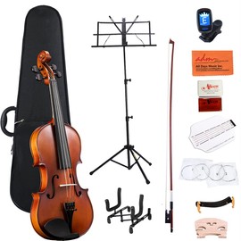 ADM Acoustic Violin for Kids Beginners, 4/4 Full Size Violin Set Solid Wood Ebony for Teens Students Starter Kit with Hard Case, Rosin, Shoulder Rest, Bow, Music Stand, Violin Stand and Strings,Brown