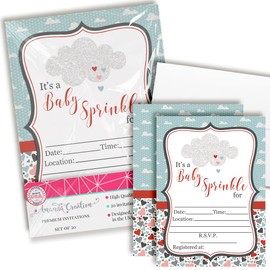 Baby Sprinkle Shower Party Invitations with Cloud and Hearts, 20 5x7 Fill In Cards with 20 White Envelopes by AmandaCreation