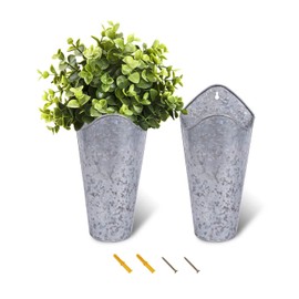 vensovo 12 Inches Galvanized Wall Planters - 2 Packs Metal Tin Wall Planters for Flowers, Farmhouse Hanging Tall Wall Vase Flower Holder for Country Decor, Silver