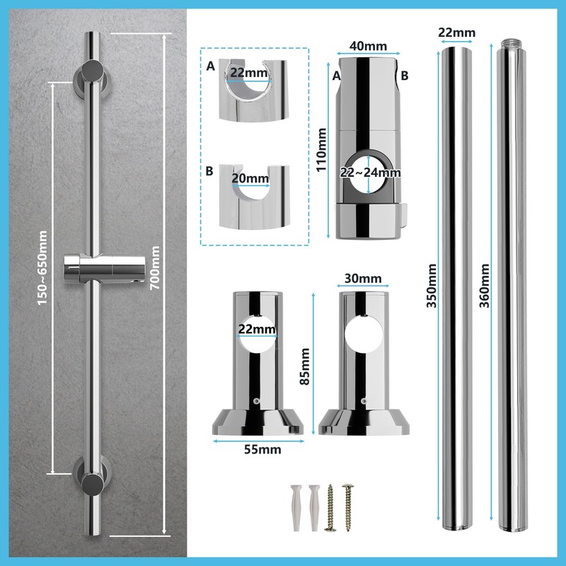 Görbach Stainless Steel Shower Wall Rail with Variable Fixings -