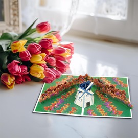 Magic Ants Heartfelt Mother's Day 3D Folding Card - Thank You Card - Perfect for Mother, Wife or Someone Special - 15 cm x 20 cm Envelope with Card and Note Tag Included - Tulips and Windmill