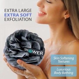 Esponja de baño de carbón Loofah XL 75 g por Shower Bouquet: 4 unidades, extra grande puf de malla suave para hombres y mujeres – Exfolia con gran col