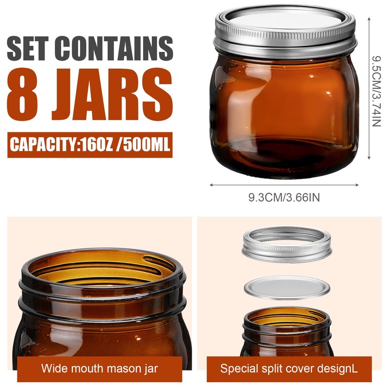 Bokon 8 Pieces Glass Mason Jars 16 oz Wide Mouth