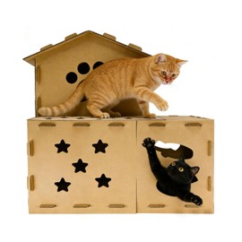 25 Inch Two Level Cardboard Cat Scratcher House, 2-in-1 Multi-Level Cat Condo Villa with Replaceable Scratch Pad, Sturdy Indoor Cat Lounge Hideout for Multi-Cat Families