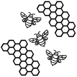 Peryiter 5 Pcs Metal Bee Wall Decor Farmhouse Honey Bee Honey Comb Decor Wire Metal Bee Wall Metal Wall Decor Bee Wall Metal Wall Hanging for Living Room Garden Bedroom Office Home Wall (Black)