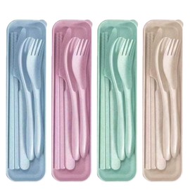 D-buy 4 Pack Camping Utensil Set with Chopsticks, Reusable Utensil Set with Case, Plastic Cutlery Set Forks Spoon Tableware Chopsticks, Portable Cutlery Set for Travel Picnic Camping or Daily Use