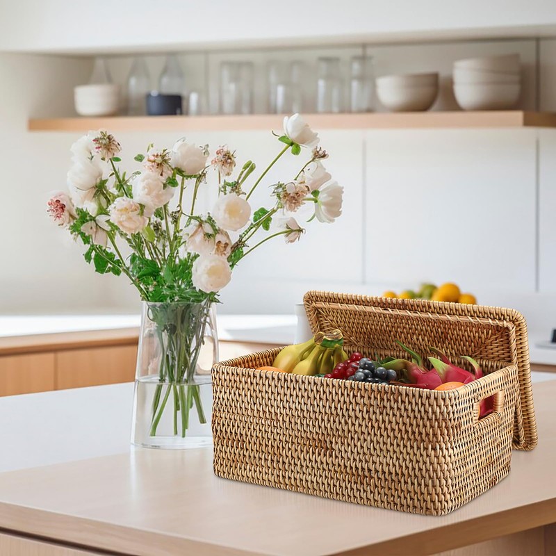 Hipiwe Rattan Basket With Lid Rectangular Lidded Basket Natural Hand-Woven