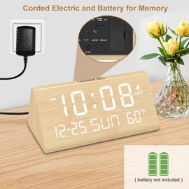 DreamSky Digital Alarm Clocks for Bedrooms - Wooden Desk Clock with Date, Day of Week, USB Port, Temperature, Dimmer for Bedside Table, Living Room, Office, Adjustable Volume, Auto DST, Wood Decor