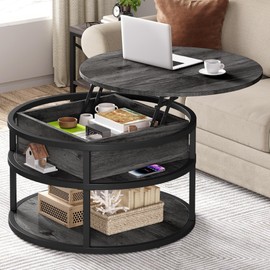 DWVO Round Coffee Tables for Living Room, Lift Top Coffee Table with Storage, Farmhouse Wood Coffee Table, Circle Small Coffee Tables Living Room for Home Decir Office, Grey