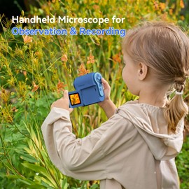TOMLOV P20 Handheld Pocket Digital Microscope for Kids, 3-in-1 Miniscope, Portable 1080P DV Camera with Flip 2" LCD Screen, Compatible MacOS & Windows, 4.0 Hours, 6 Pcs Slide Set, 32GB Card (Blue)