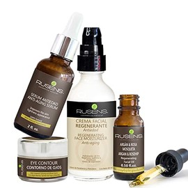 Rusens - Kit Antiedad Ácido Hialurónico, Contiene Serum Antiedad con efecto Tensor + Crema Contorno de Ojos + Crema Facial Regenerante + Aceite Facial Regenerante Argán & Rosa Mosqueta