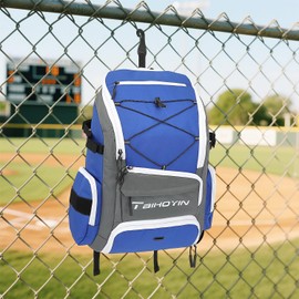 TAIHOYIN Baseball Bag Adults with Shoes Compartment & Wet Pocket Youth Softball Backpack for Coach Catcher Bat Bag with Laptop Compartment Helmet & Glove Holder Portable Equipment Gear Backpack, Blue