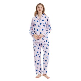 kolipajam Cotton Flannel Pajamas for Women 100% Cotton Flannel Pajamas Set Soft Cozy Ladies Loungewear, Pink-blue and white circle, 3XL