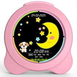 Kids Alarm Clock, Sun & Moon with Day & Date, LED Display, Wake Up Clock with Luminous for Kids, Kids Sleep Trainer Gift for Boys and Girls (Pink)