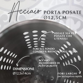 Fackelmann Porta posate conico, con fori che favoriscono una ventilazione ottimale, ideale per coltelli, forchette, cucchiai, materiale in acciaio inox, dimensione 12,5 cm
