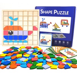 Jastown 140pcs Creative Mosaic Puzzle,Wooden Pattern Blocks Set,Shape Matching Game,Wooden Blocks,Tangram Puzzle Jigsaw For Kids, Colorful Shape Montessori Learning Gift For Aged 3 5 6 8 12