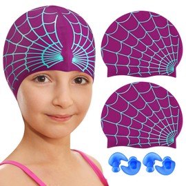 Yearntown 2 Pack Swim Caps and Earplugs for Kids Purple Spider Web Cover Ears Waterproof Silicone Swimming Cap and Earplugs Set for Girls Boys Teens Toddler Aged 3-15, for Long and Short Hair