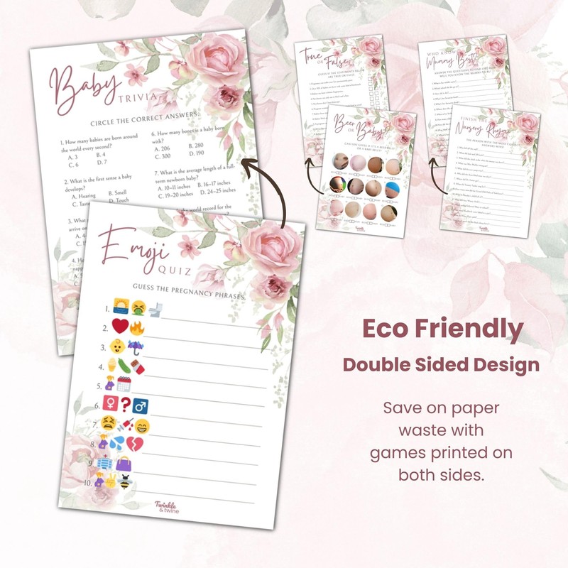 Twinkle & Twine Pink Floral Girl Baby Shower Games Bundle