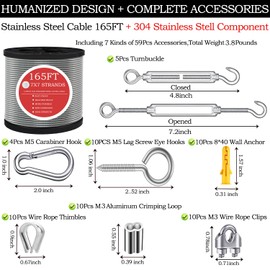 GZFTMKOBNS Steel Cable,1/8" Stainless Steel Cable,165FT Wire Rope,M5 Turnbuckle for Cable Wire, 1/8" Wire Rope Kit,Garden Wire,1/8" Aircraft Cable,Picture Hanging Wire,Clothesline Wire