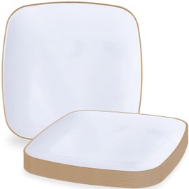Blue Sky Organic White Disposable Plates 7.25" Square (10 Count) | Gold-Rimmed Plastic Dinnerware Party Essentials