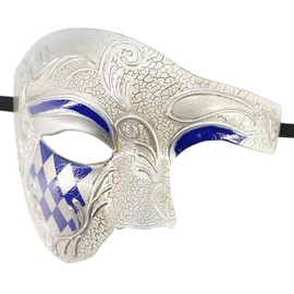 Coolwife Masquerade Mask Vintage Phantom Of The Opera One Eyed Half Face Costume (Checkered Blue)