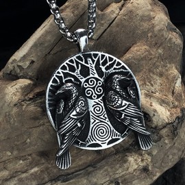 bahamut Mens Viking Fenrir Wolf Valknut Odin Raven Yggdrasill Cross Pendant Necklace,Vintage Norse Amulet Jewelry Viking Gifts (Silver Raven Yggdrasil)