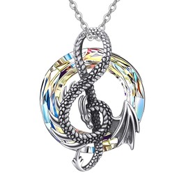 ONEFINITY Dragon Necklace 925 Sterling Silver Aurore Boreale Crystal Dragon Pendant Jewelry for Women, Sterling Silver, Crystal