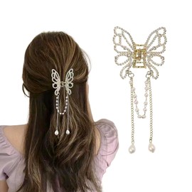 Rannyrena Gold Butterfly Hair Claw Clips Pearl Chain Tassel Rhinestone Butterfly Flower Hair Clips Tassel Nonslip Clamps Hair Accessories for Women (Crystal Butterfly Pearl Chain Tassel C)