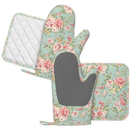 HEROARMOUR Pink Flower Oven Mitts Pot Holders Set Silicone Kitchen Gloves Vintage Spring Romantic Bloom Floral and Leaf Green Potholders Non-Slip Heat Resistant for Chef Baking 4 pcs Kitchen Mitts