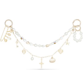 DoDoBeads 4-in-1 Bag Charms Set, Baroque-Inspired Purse Charms with Crystal Beads, Gold Chains, Pearl Keychain, and Cross Shell Safety Pin, Bag Charm for Handbags, Tote Bags, and Purse Keychains