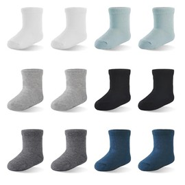 EPEIUS Unisex Baby Crew Socks with Non Slip Infant Boys Girls Dress Socks Cotton Booties 3-6 Months Black White Grey Blue Navy 12 Pack