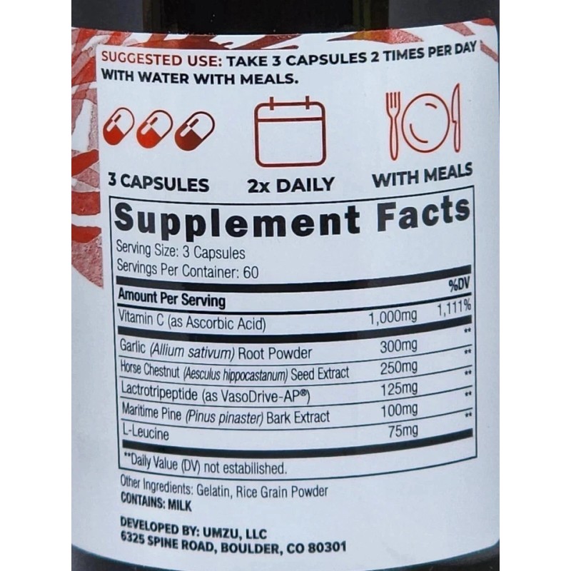 100%pure UMZU REDWOOD Blood Flow Support Dietary Supplement 180 Capsules