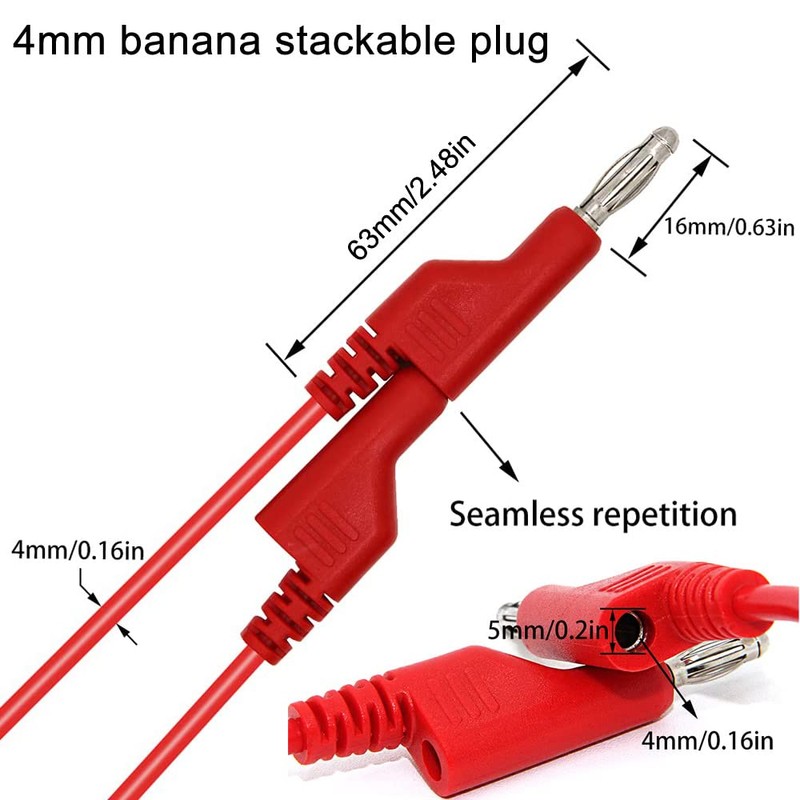Greluma 2pcs Test Leads, 4mm Stackable Banana Plug to Crocodile