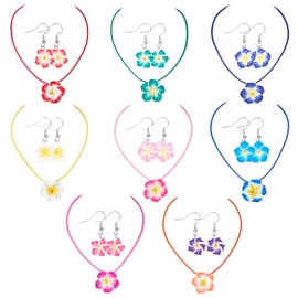 SUNNYCLUE 16pcs 8 colors Flower Earrings And Necklace Set Plumeria Jewellery Set Polymer Clay Summer Hawaiian Sun Floral Dangle Earrings Necklaces Jewellery for Women Boho Trendy Wedding Party Favors