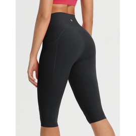 baleaf Women's Knee Length Capri Leggings High Waisted Yoga Capris Pants with Pockets Casual Workout Black XXXL