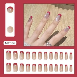 Red French Tips Press on Nails Medium Coffin Fake Nails with Design Shiny Glitter Clear Glue on Nails Glossy Reusable for Cat Eye False Nails for Women Girls Daily Wear Manicure 24pcs