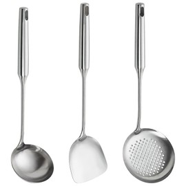 Homaisson Wok Spatula and Ladle, Skimmer Spoon - Stainless Steel Utensil Set of 3, Kitchen Wok Utensils Set for Carbon Steel/Cast Iron Woks