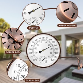 6 Inch Indoor Outdoor Thermometer with Hygrometer - Large Analog Temperature Humidity Gauge with Dual Scale (Fahrenheit & Celsius), Brass Wall Mounted for Garden, Patio, Greenhouse, Chicken Coop