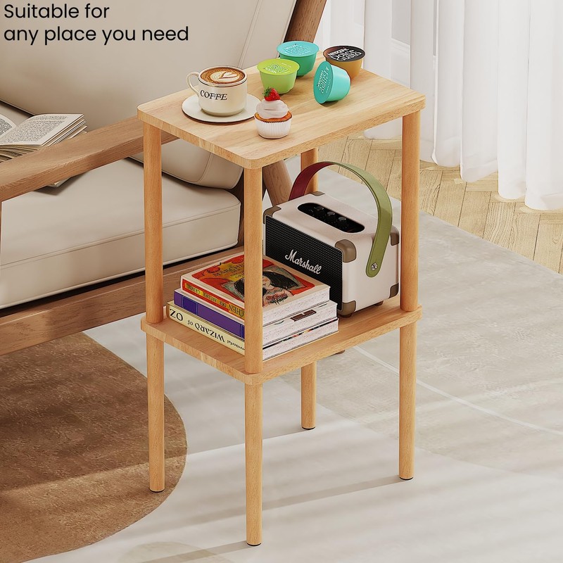 exilot Solid Wood Side Table, 2-Tier Tall End Table with