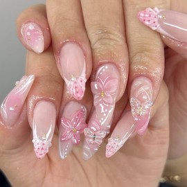 24 Pcs Handmade Press on Nails Short Almond Nail Tips,YEFIUO French Acrylic Fake Nails Press ons 3D Flower Butterfly Nail Charms Design Glue on Nails Full Cover Reusable False Nails Art Kit for Ma'am
