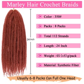 Leeven 8 Packs Marley Hair Crochet Braids,24 Inch Afro Kinky Marley Braiding Hair, Long Springy Afro Twist Hair Extensions (350#,8 Packs)