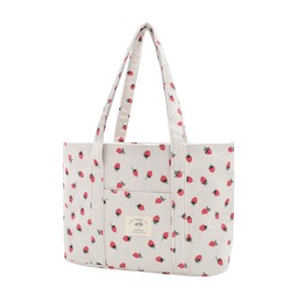 Strawberry Corduroy Tote Bag for Women Large Zippered Shoulder Bag with Pockets Multipurpose Travel, Gym, Work & Beach Tote 039beigestrawberry