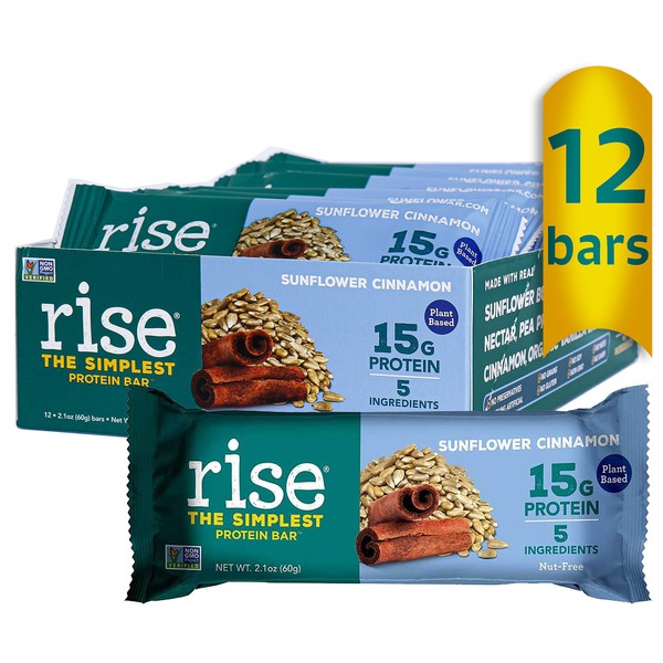 Rise Pea Protein Bar- Vegan Sunflower Cinnamon, Soy Free, Paleo Breakfast & Snack Bar, 15g Protein, 5 Natural Whole Food Ingredients, Simplest Non-GMO, Vegan, Gluten-Free, Plant Based Protein, 12 Pack