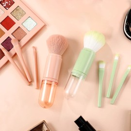 Laluna Makeup Brush, Powder Brush, Makeup Brush, Portable, Face Powder Brush, Set of 4, Capsule Dustproof Makeup Brush Storage Case Included, Compact, Convenient, Multi-functional, Suitable for Sensitive Skin, Soft, Dense Bristles, Good Powder, Green