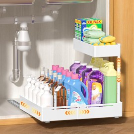 YJHome Extendable Sink Organiser, Metal Under Sink Shelf, 2 Levels, Adjustable Width Height, Pull Out Under Sink Organiser for Kitchen, Bathroom, Under Cabinet, 1 Piece, White