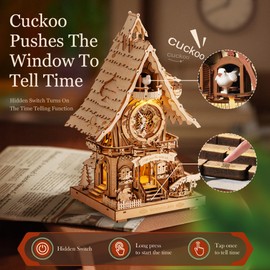 ROBOTIME 3D Wooden Puzzles for Adults-Cuckoo Clock Wooden Models for Adults to Build-435 Piece Model Kit with 2 Lights-Gift for Craft Enthusiast Model Building Set (Natural)