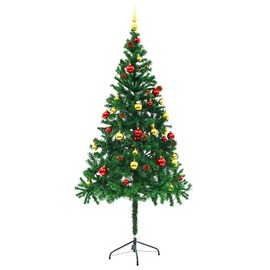 Heemab Artificial Pre-lit Christmas Tree with Baubles, 6 ft, Green with Gold and Red Decorations